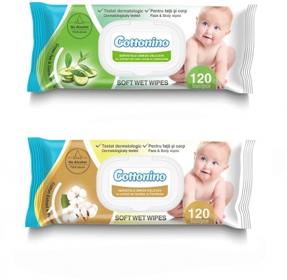 Servetele umede pentru bebelusi cu capac Cottonino, 120 bucati/pachet, diverse extracte